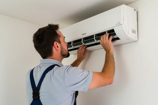 Electrician installing a split system air conditioner in a Weston family home