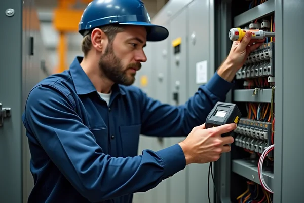 Technician conducting test and tag procedure on electrical equipment in a workshop
