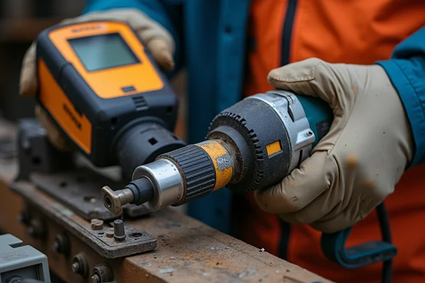 Close-up of electrical safety test being performed on power tool with testing device