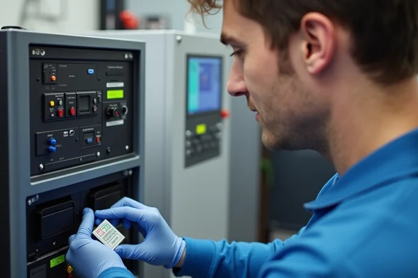Technician applying colored test tag to equipment after successful testing