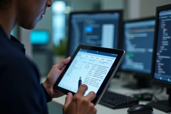 Technician documenting test results on digital tablet with equipment database