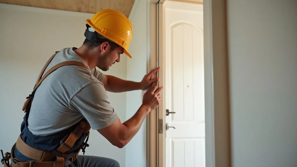 Tradesperson installing new interior door, professional tools, modern home interior