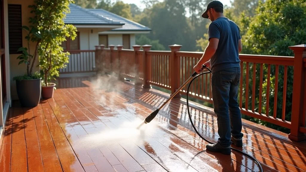 Pressure cleaning outdoor deck, clean results, professional equipment, Australian home