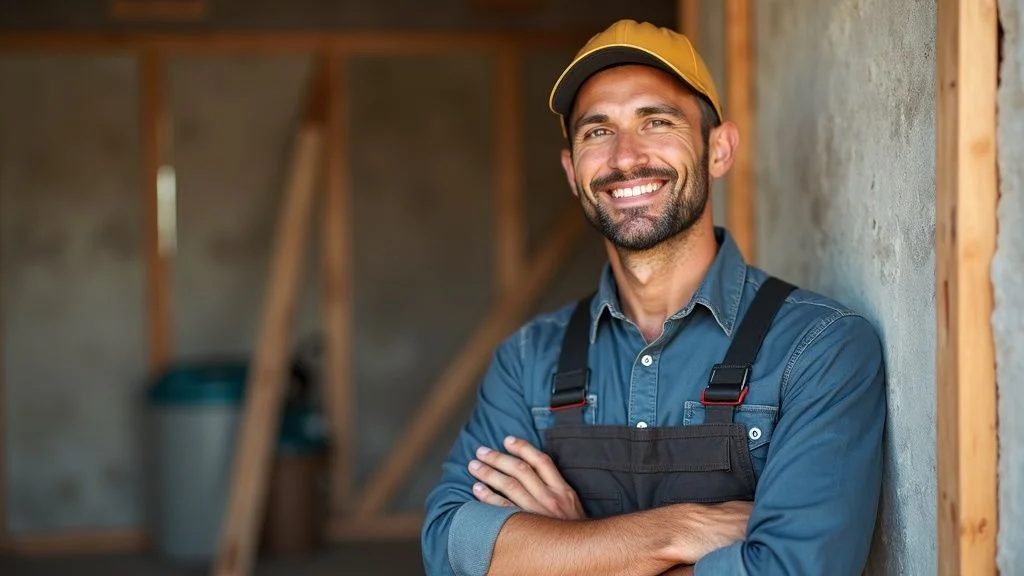 Confident professional tradesperson with quality tools, friendly demeanor, work uniform, Australian setting