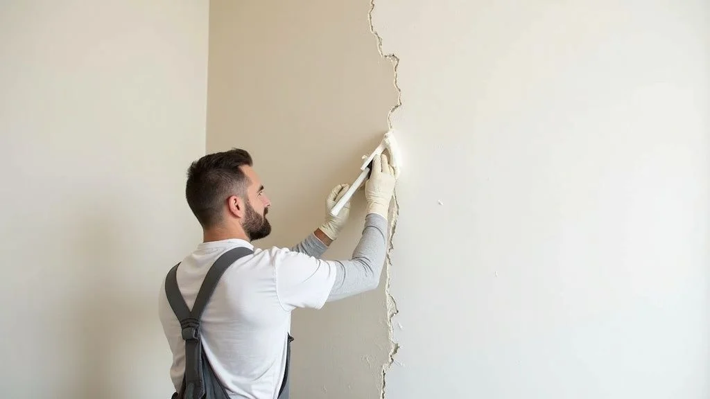 Professional plasterer repairing interior wall with quality workmanship