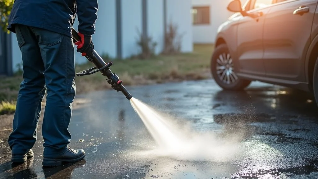 Professional pressure cleaning equipment in action