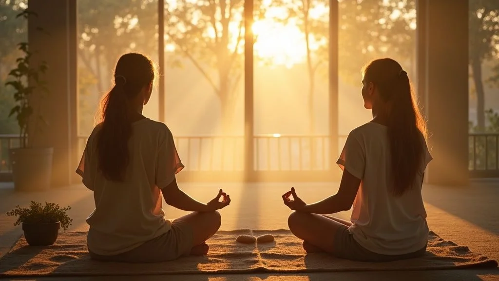 Peaceful scene with breathing exercises and calm atmosphere