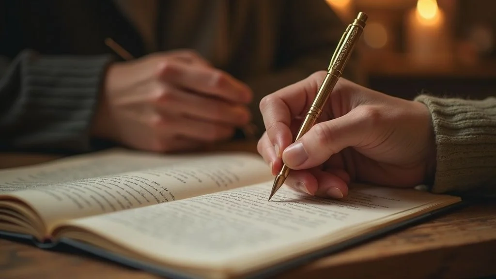 Person writing in journal with inspirational setting