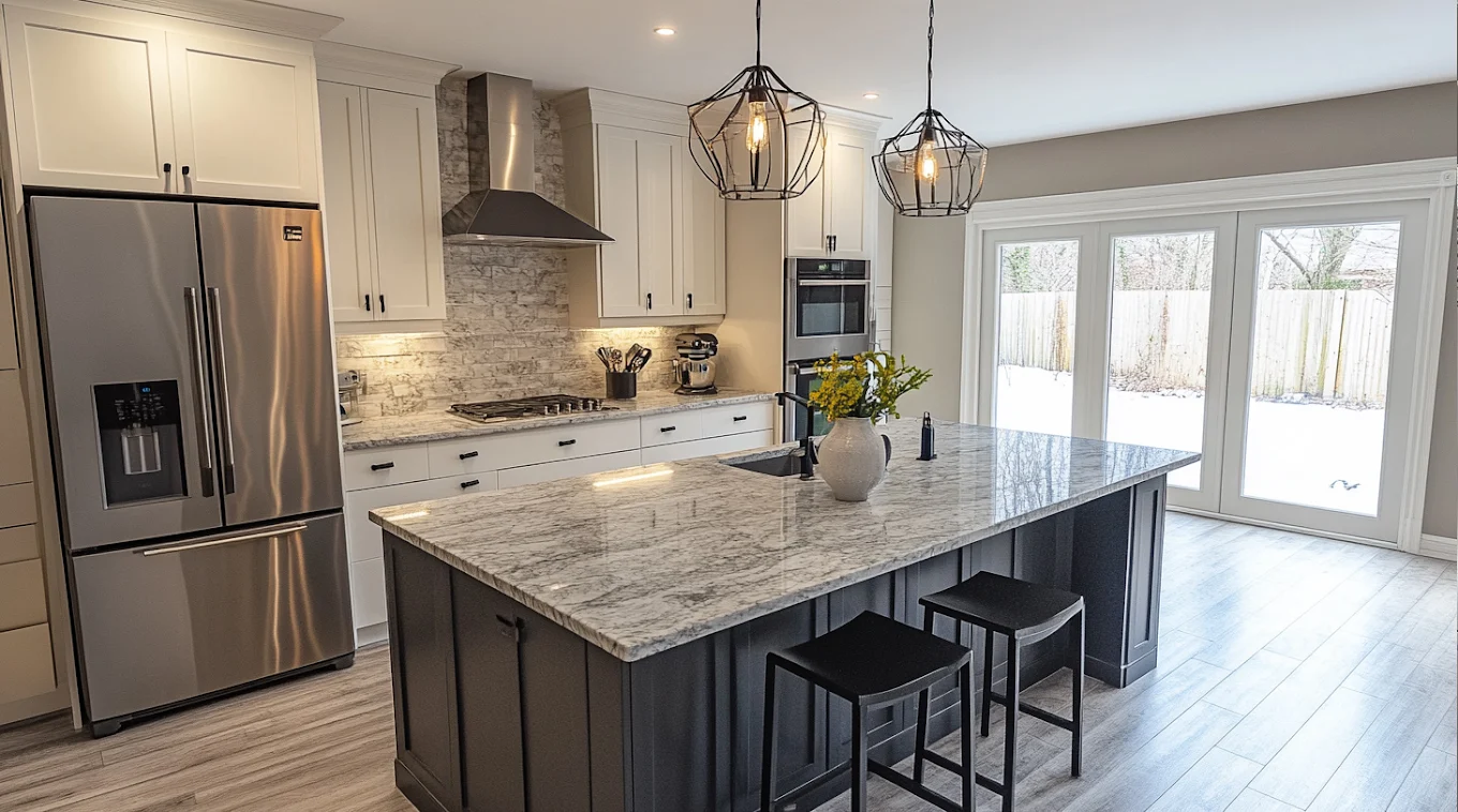 Kitchen renovation with granite island bench, shaker cabinetry, stone splashback and geometric pendant lights by MTS Group