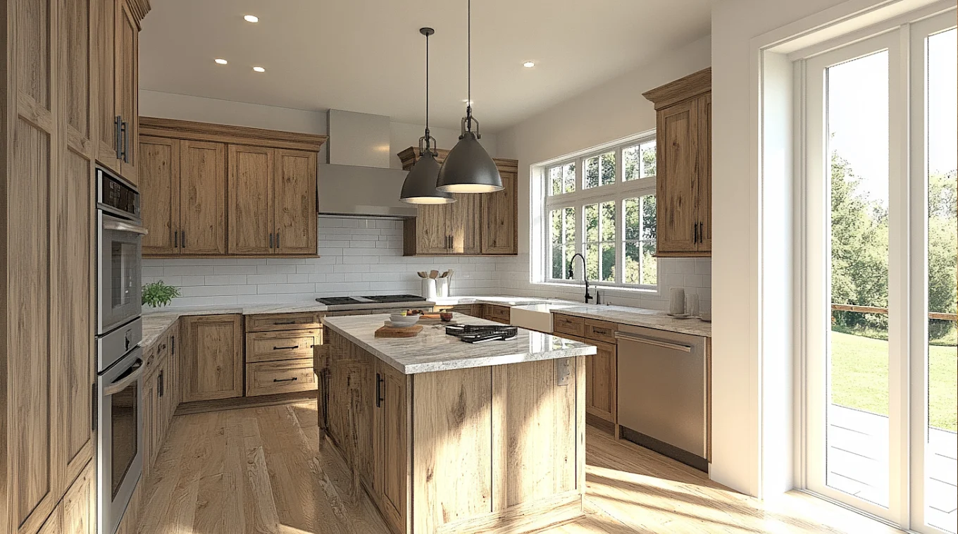 Rustic timber kitchen renovation with natural stone island bench, subway tile splashback and pendant lighting by MTS Group
