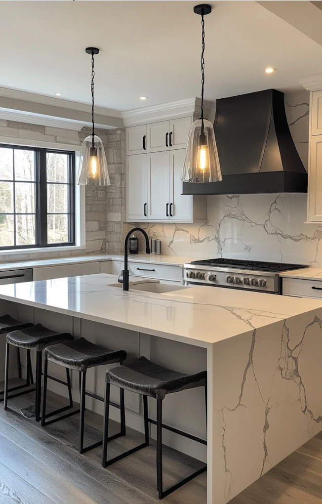 Premium kitchen renovation with calacatta marble waterfall island, black rangehood, pendant lights and bar stools by MTS Group