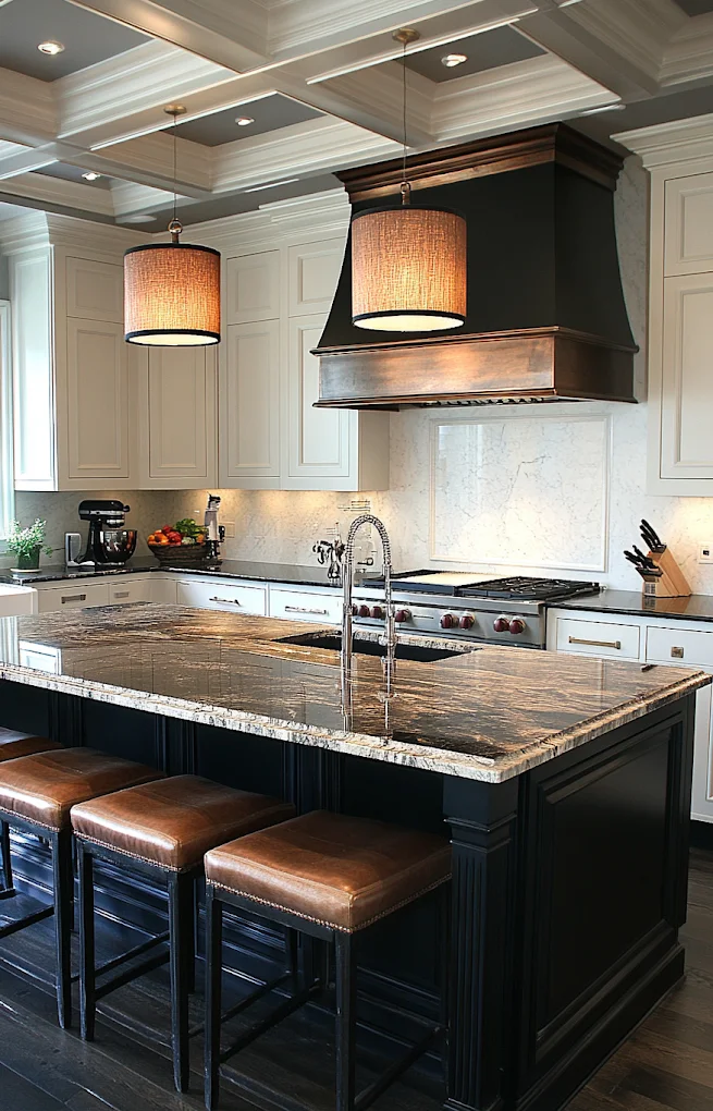 Grand kitchen renovation with coffered ceiling, granite island bench, copper rangehood and leather bar stools by MTS Group