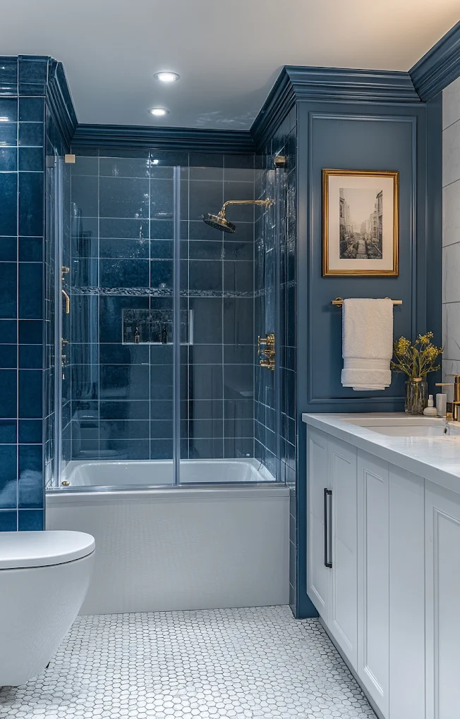 Bathroom renovation with blue glazed wall tiles, brass fixtures, hexagon mosaic floor and white shaker vanity by MTS Group