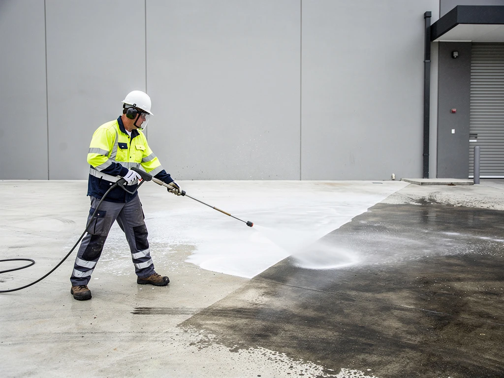 Commercial pressure washing of a concrete footpath and warehouse wall