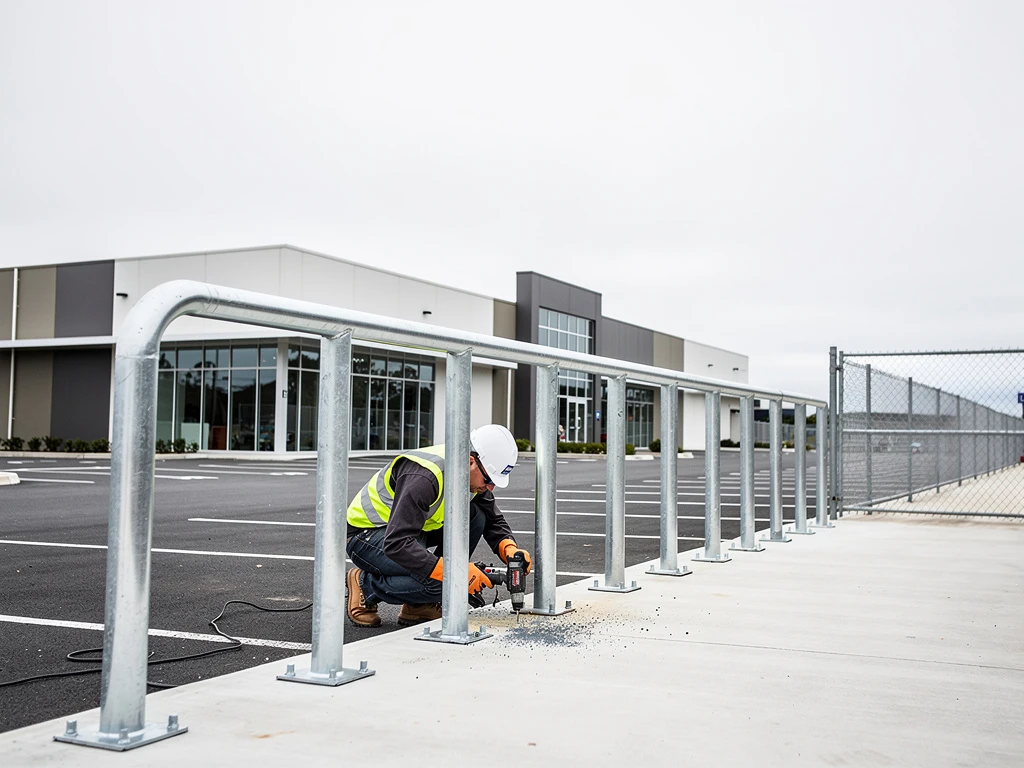 Installation of steel safety bollards and guard rail along a commercial car park edge