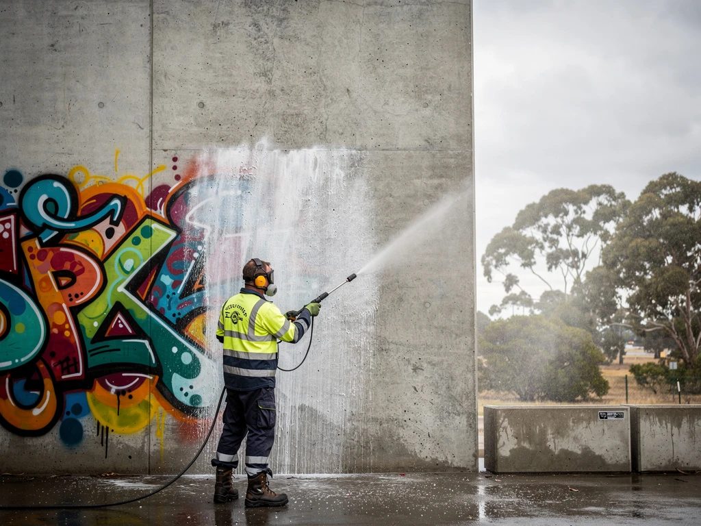 Graffiti removal from a concrete wall using a high pressure cleaner