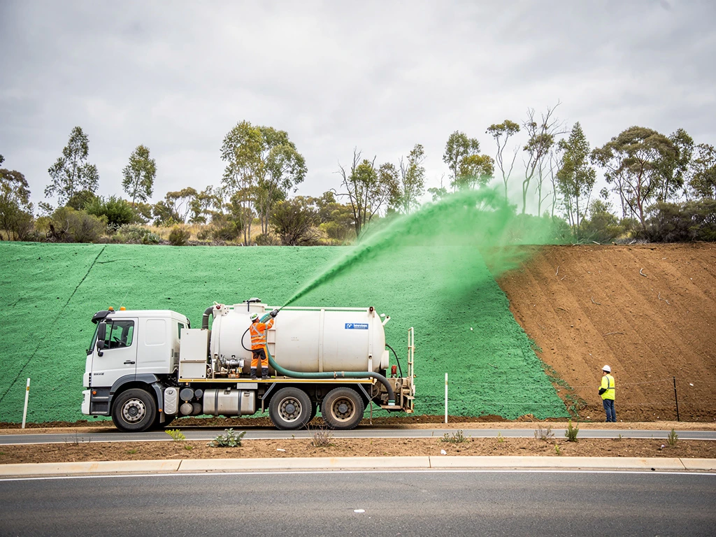Hydromulching slurry being sprayed across a bare soil embankment beside a commercial road