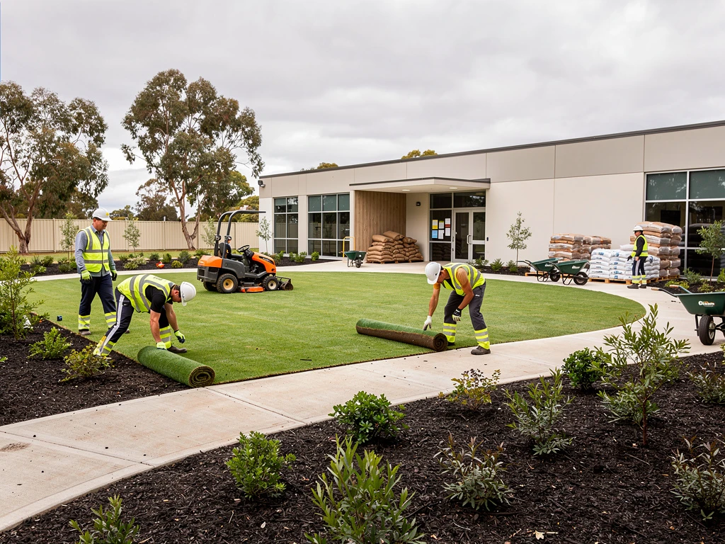 Commercial grounds maintenance — turf laying and garden bed planting at a Lake Macquarie commercial premises