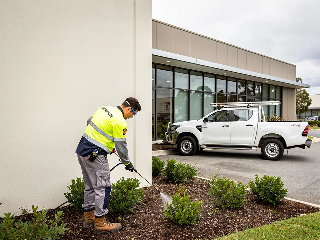 Pest control technician applying a perimeter treatment around a commercial building