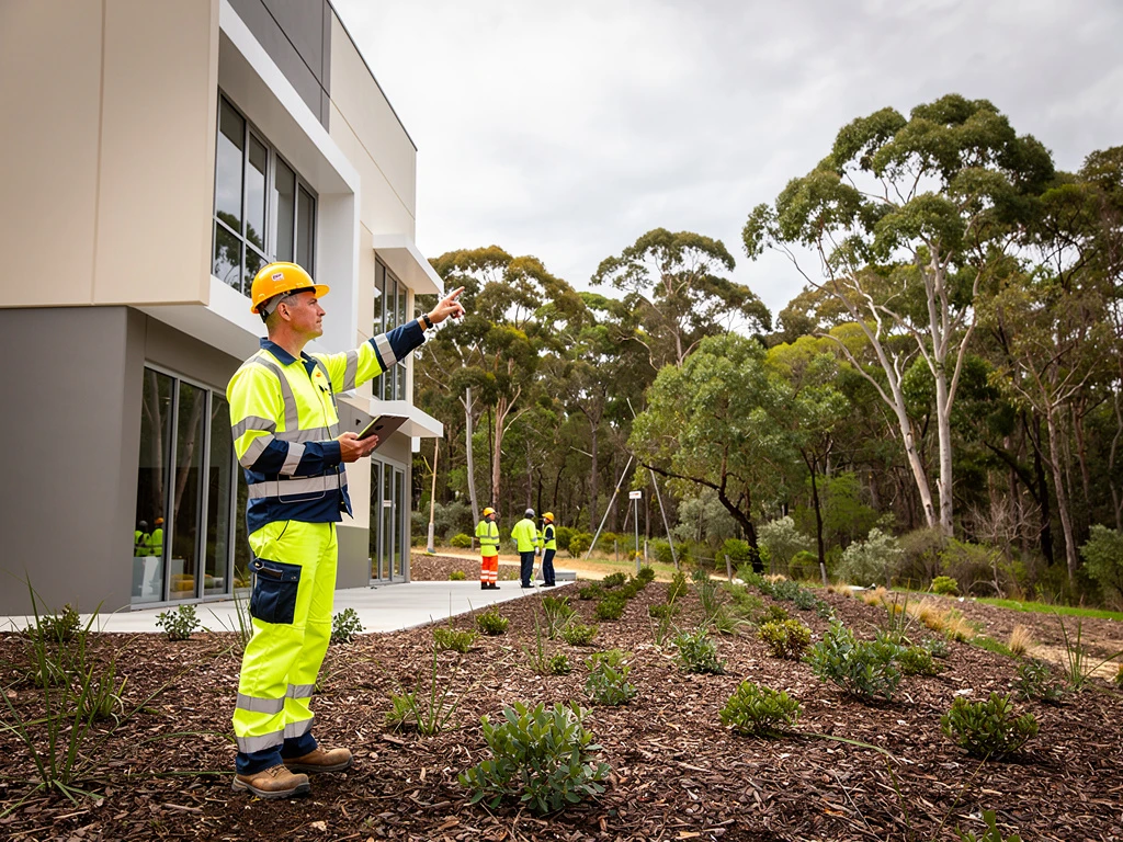Maintenance supervisor inspecting a commercial building beside a maintained asset protection zone