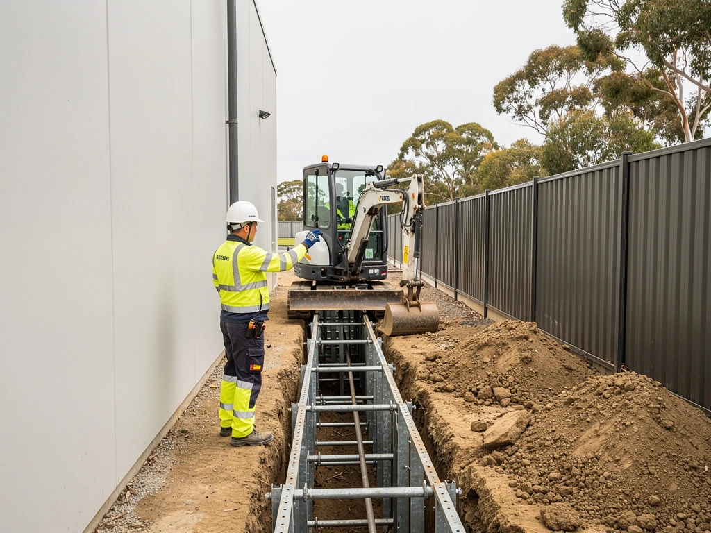 Compact mini excavator digging a service trench in a tight access way beside a commercial building