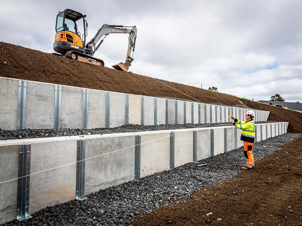 Concrete sleeper retaining wall terracing a sloped commercial site
