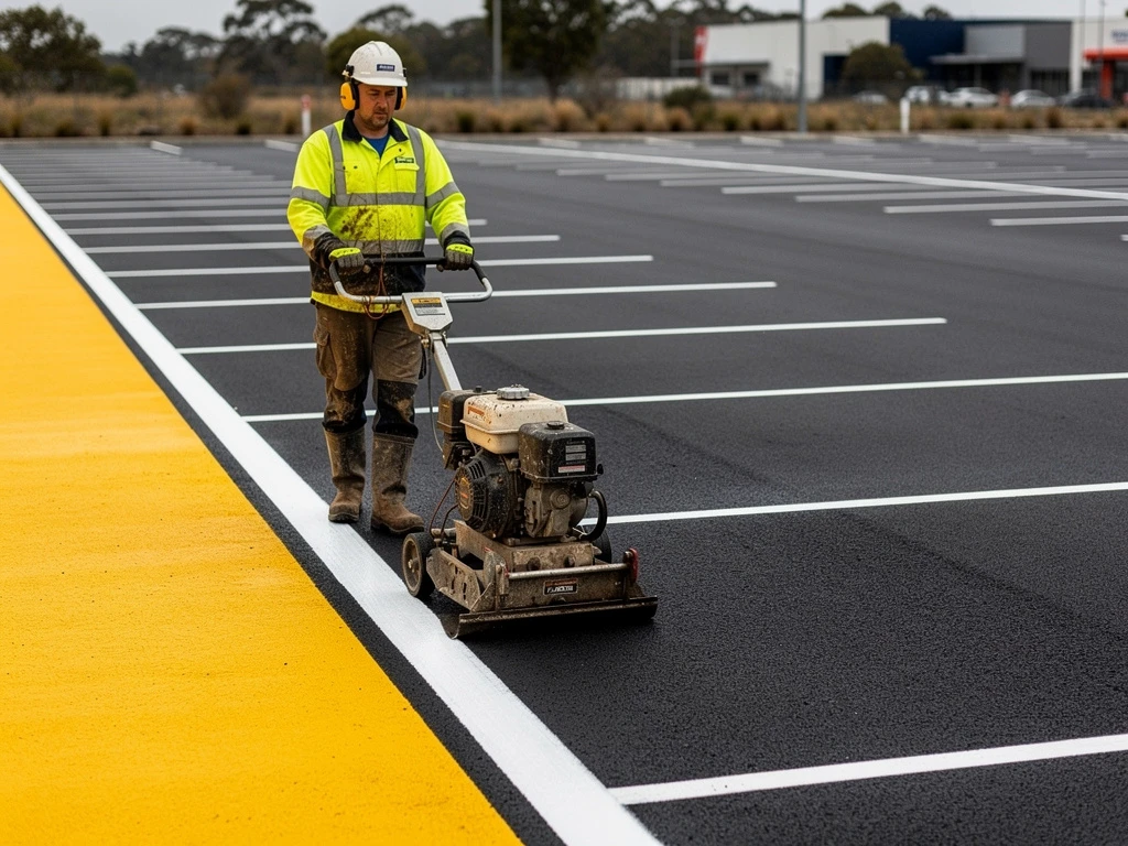 Line marking machine laying fresh white parking bay lines across a commercial car park