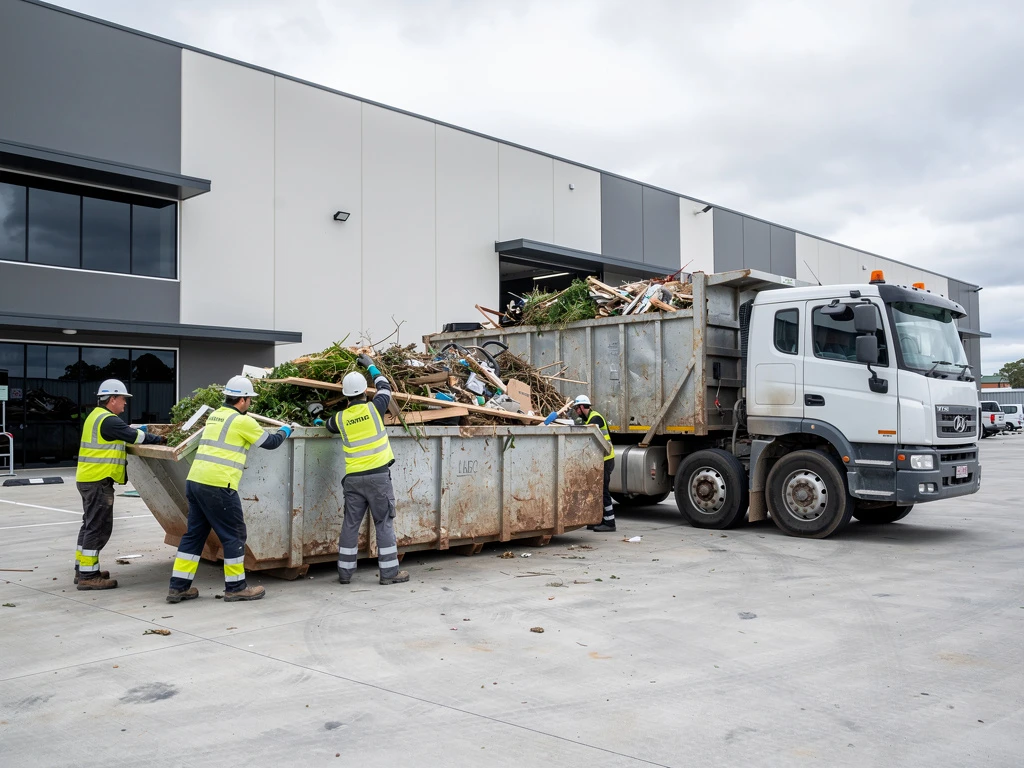 Workers loading construction and green waste into a skip bin at a commercial site