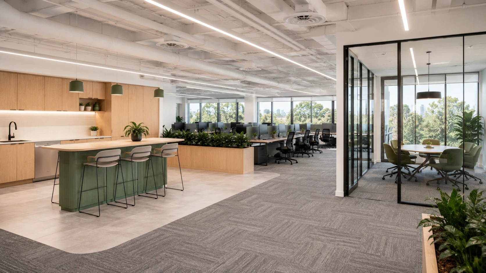 Commercial office fitout by MTS Group — open-plan workspace with breakout kitchenette
