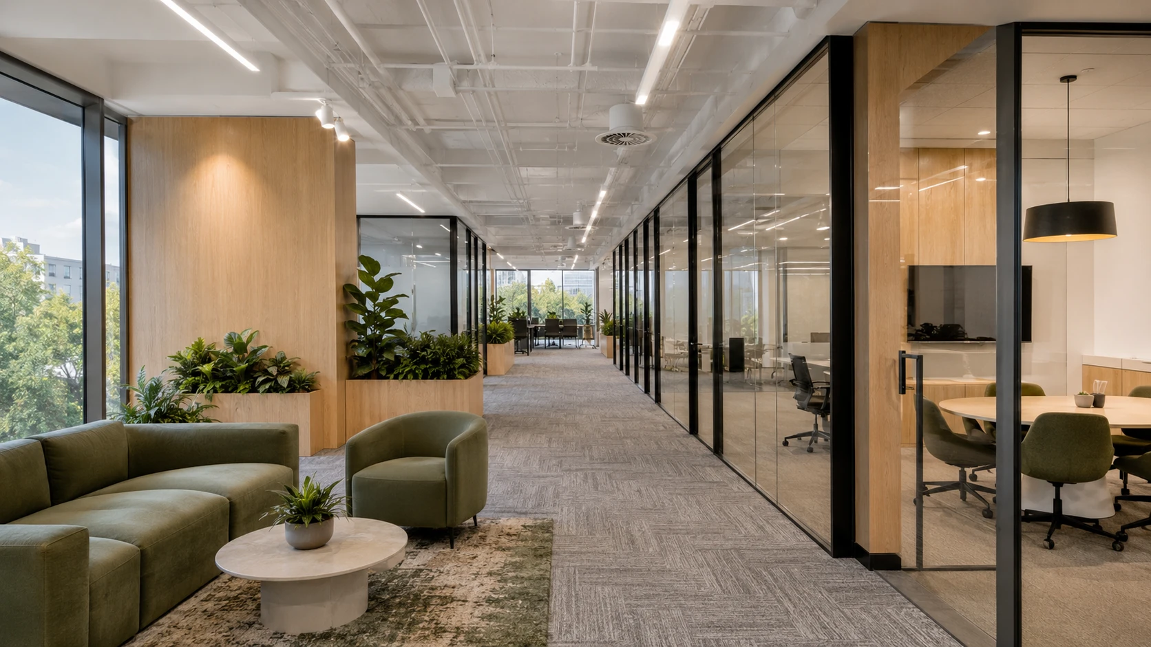 Office breakout lounge refurbishment with soft seating and glass partition offices