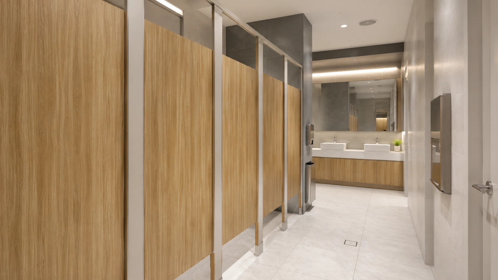 Commercial washroom and amenities refurbishment — timber partitions and stone vanity