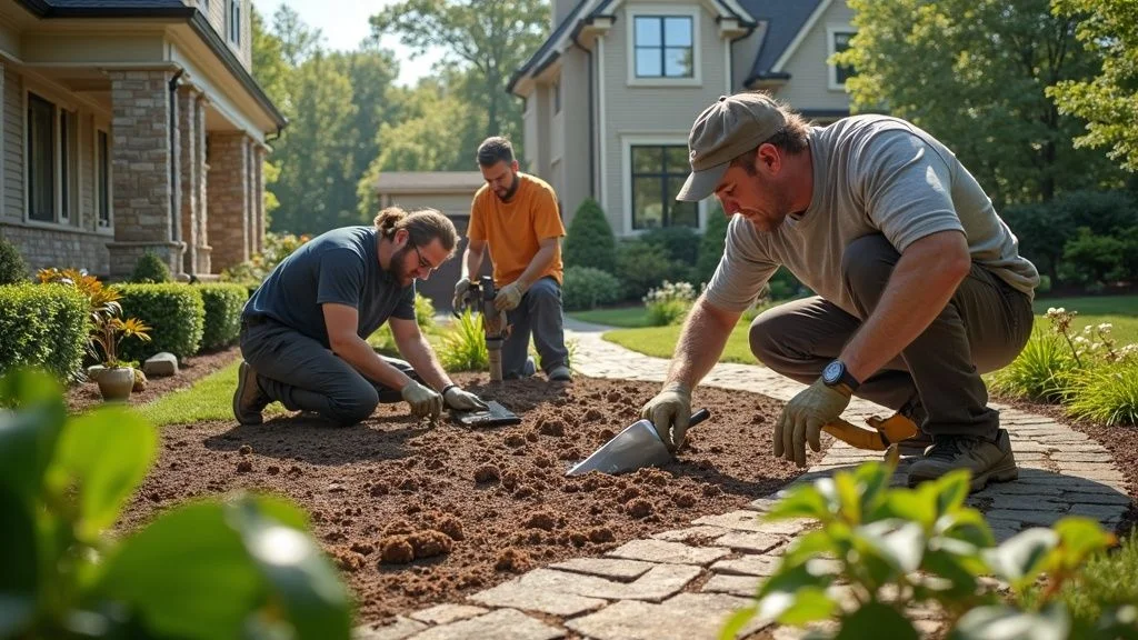Renovation team working on residential landscaping project, professional tradespeople