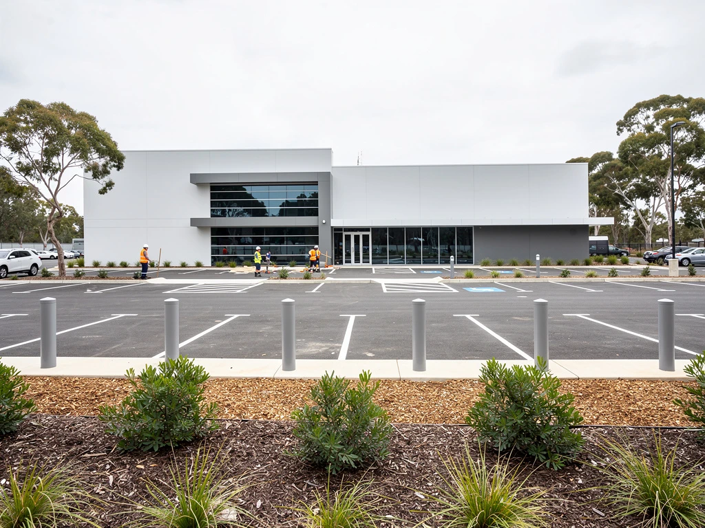 Maintained commercial precinct in Lake Macquarie with line-marked car park, safety bollards and landscaped garden beds