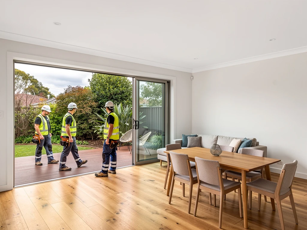 Whole-home renovation by MTS Group — open-plan living and dining with new flooring and sliding doors to the deck
