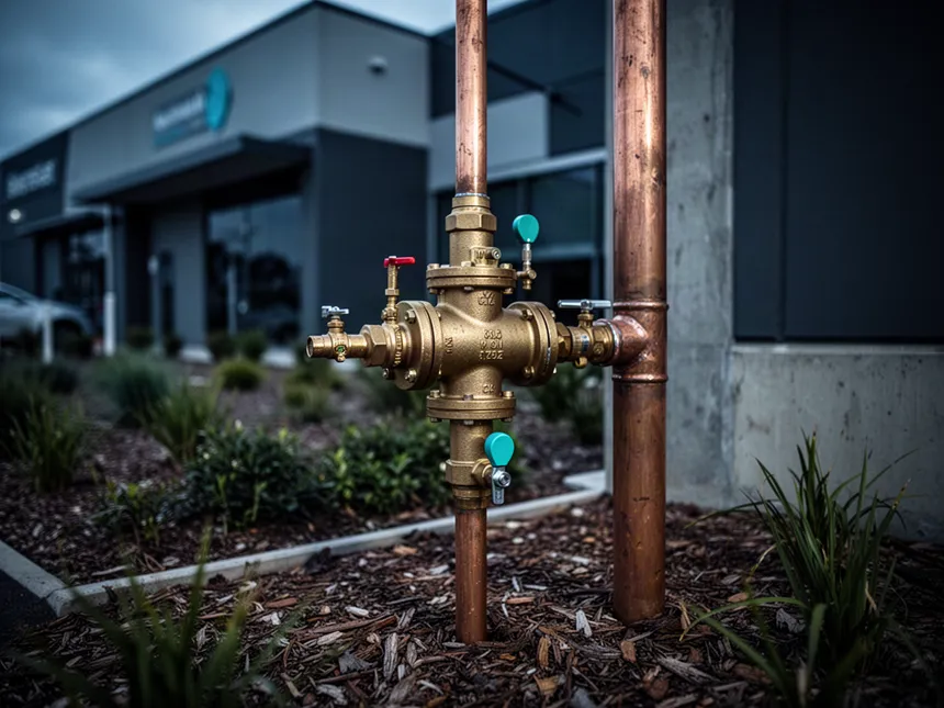 Brass testable backflow prevention device on a copper riser beside a building