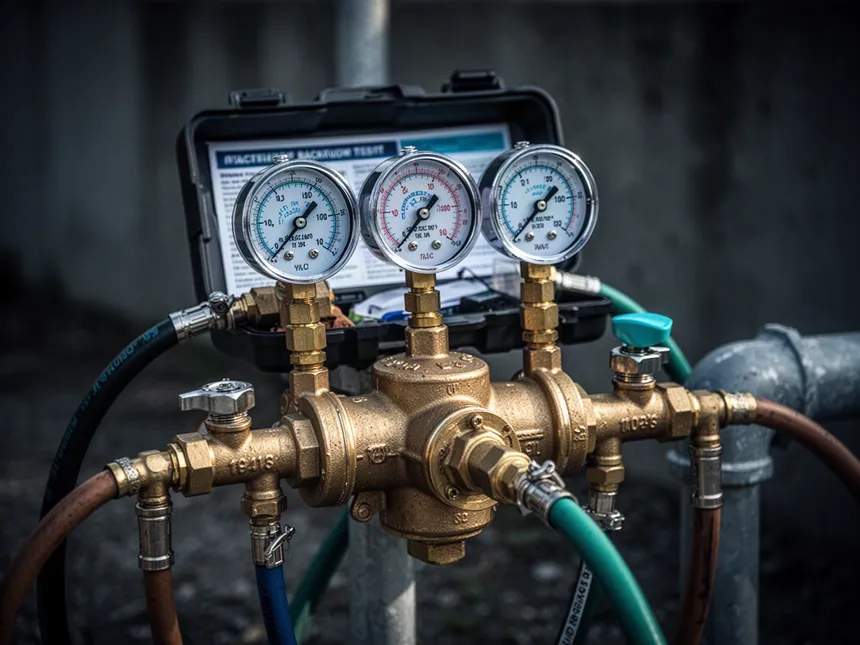 Backflow test kit with gauges connected to the test cocks of a backflow device