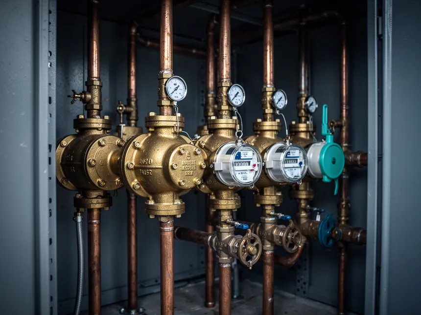 Bank of backflow prevention devices and water meters in a commercial services enclosure