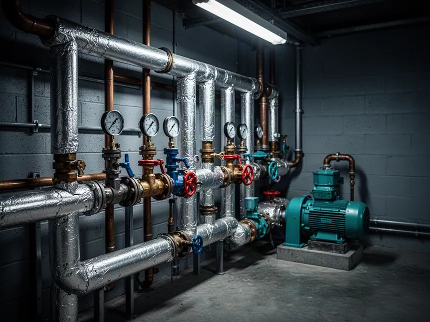 Commercial plant room with lagged steel and copper pipework, gauges and valves