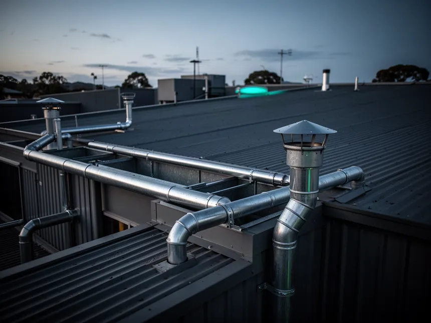 Commercial roof plumbing with box gutters, rainheads and downpipes in colorbond steel