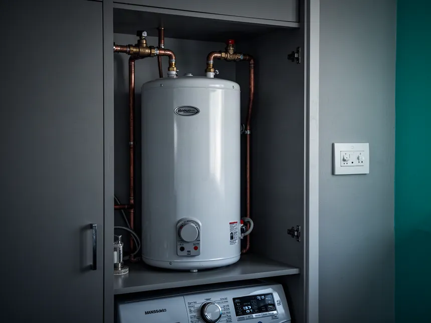 Slim electric hot water storage tank installed inside a laundry cupboard