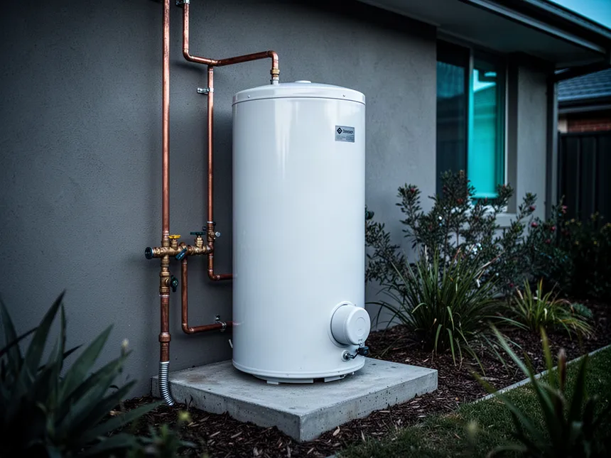 New white electric storage hot water tank on a concrete pad beside a rendered wall