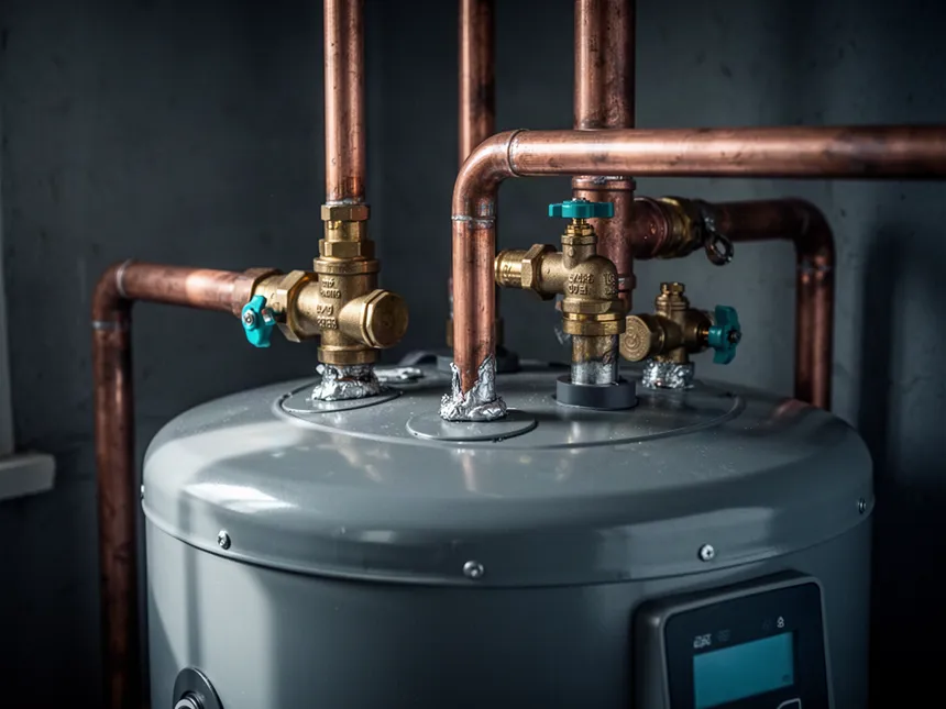 New copper pipework and a brass tempering valve at the top of an electric hot water tank