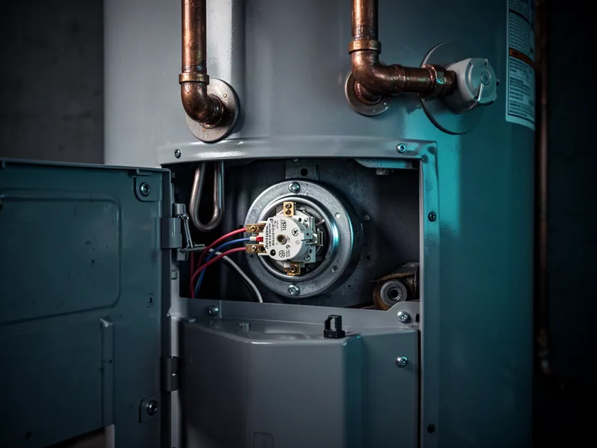 Opened access panel of an electric hot water tank showing the element flange and thermostat