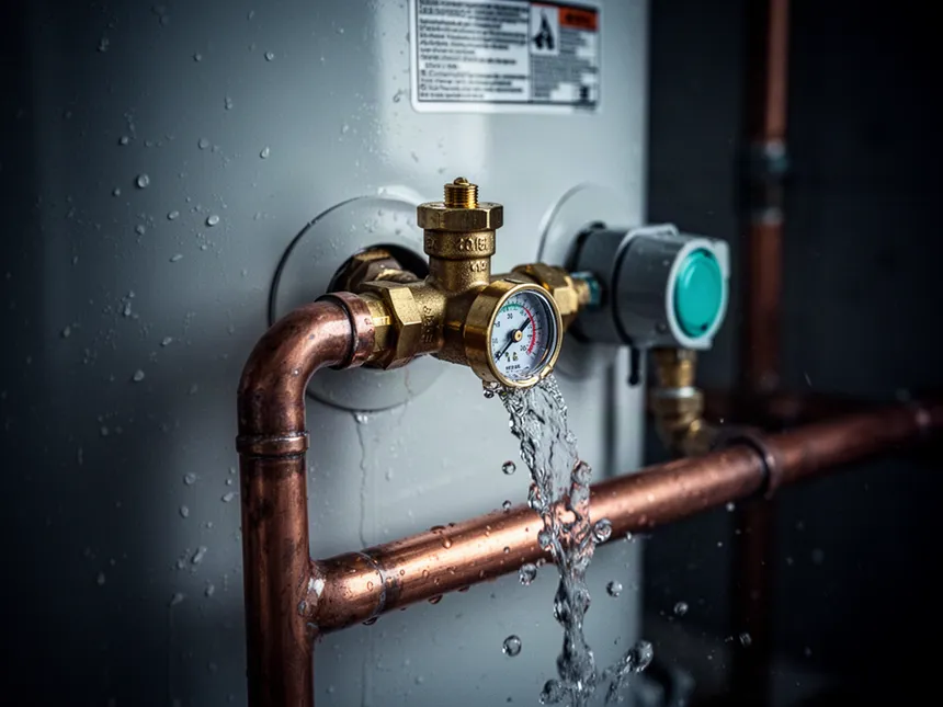 Temperature and pressure relief valve on an electric hot water tank discharging to a copper drain