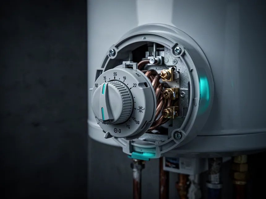 Electric hot water system thermostat and element housing with the cover plate removed
