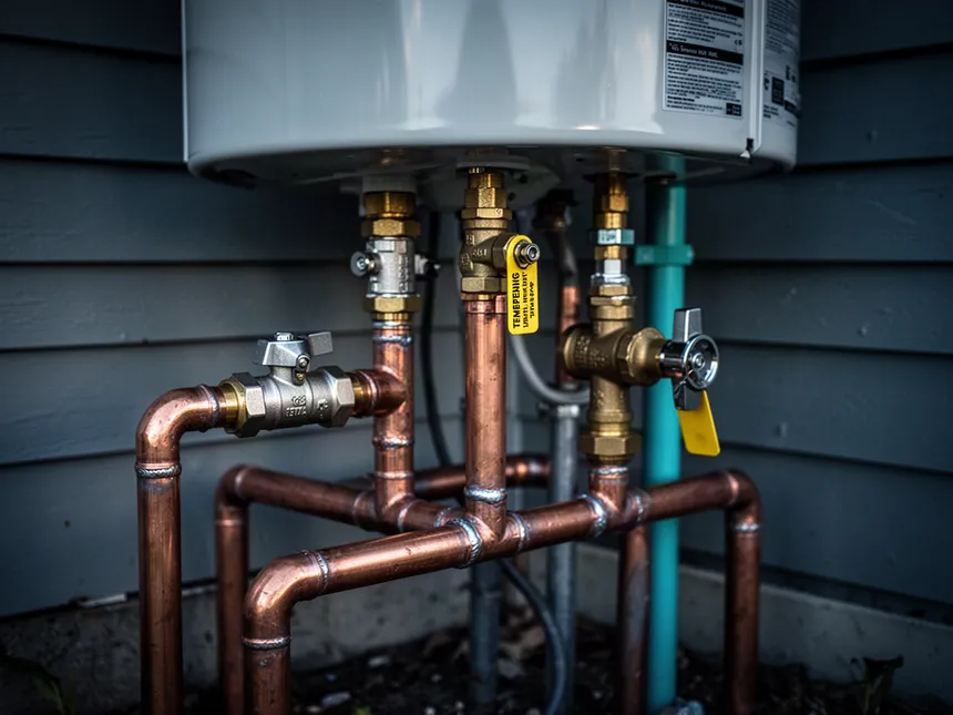 New copper and brass pipework, valves and gas cock beneath a hot water unit