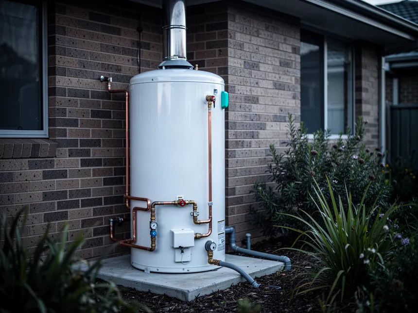 Gas storage hot water tank installed on a concrete pad beside a brick wall