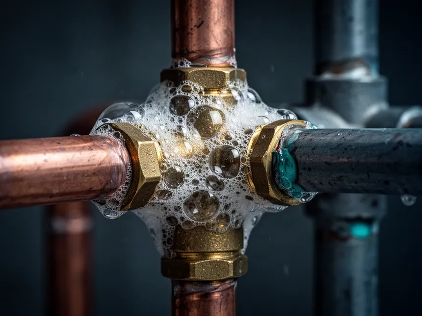 Soap bubbles forming on a brass gas fitting during a pressure leak test