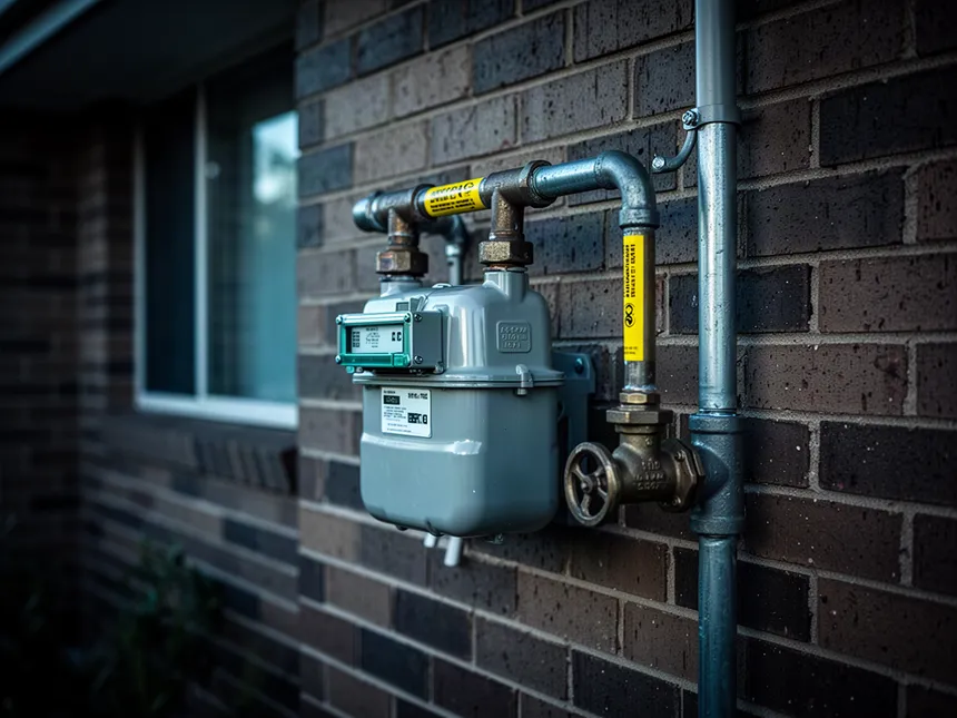 Residential gas meter and regulator with its isolation valve on a brick wall