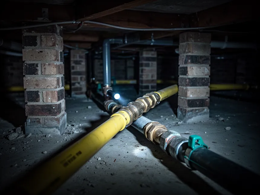 Yellow-sleeved gas line running through the subfloor of an Australian home